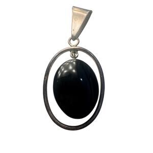 Vintage Mexico 925 Sterling Silver Black Onyx Modernist Pendant Mid Century Oval